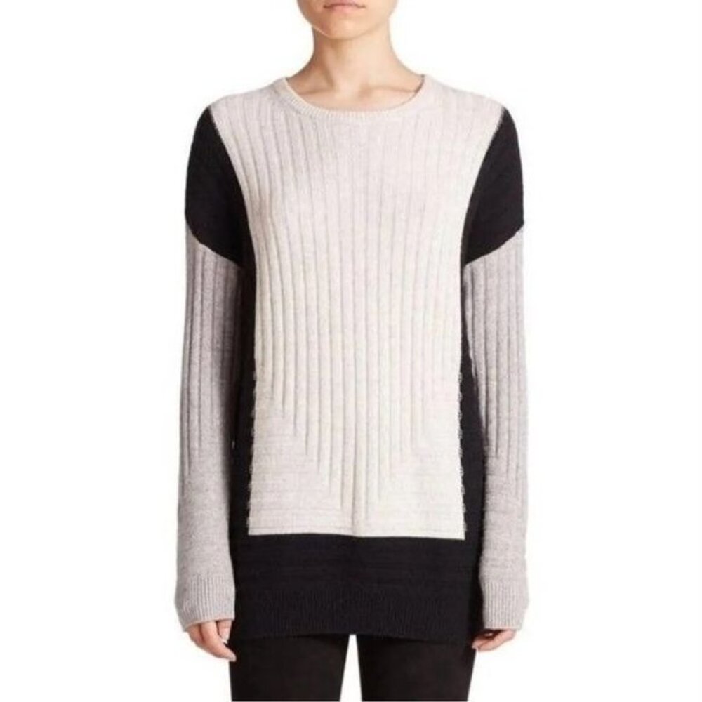 Vince Wool & Cashmere Color block Black Gray Ivory Geometric Sweater XSmall